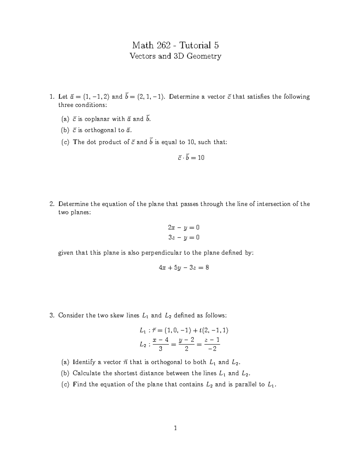 Math 262 Tutorial 5: Vectors and 3D Geometry Problems - Studocu