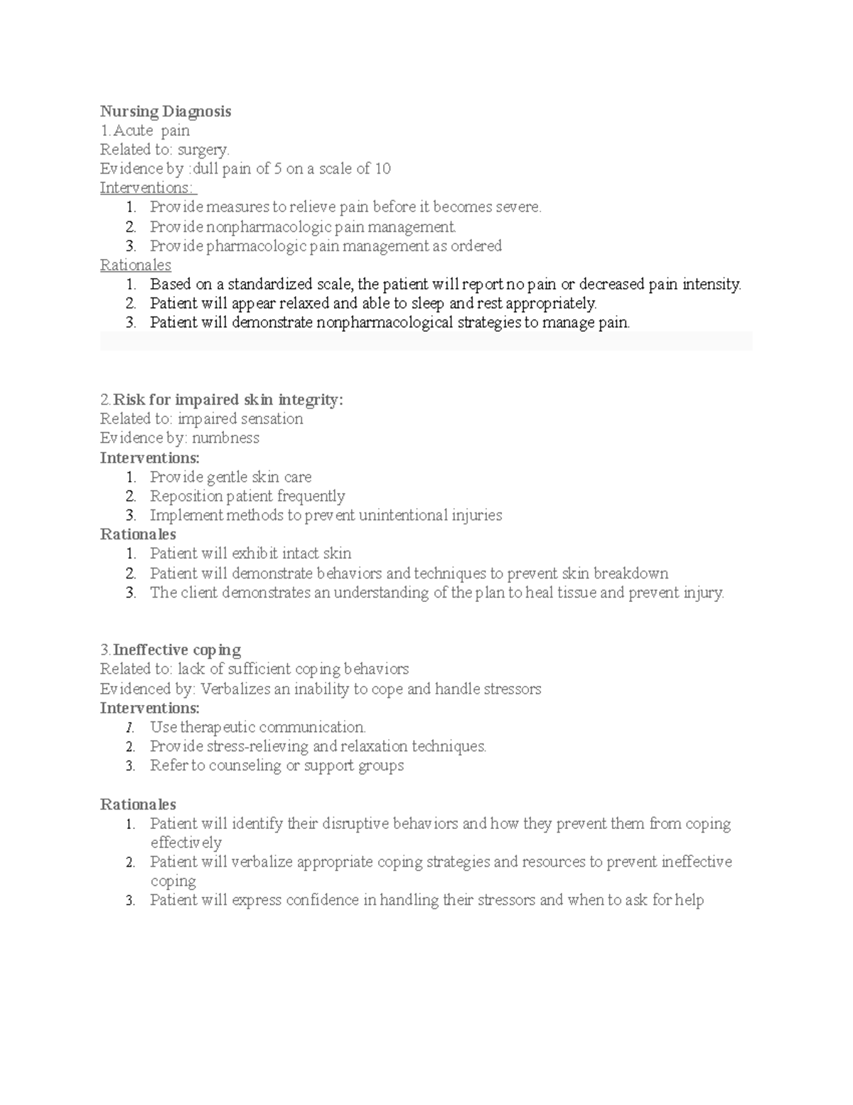 Pain Care Plan for Nursing Diagnosis and Interventions - Studocu