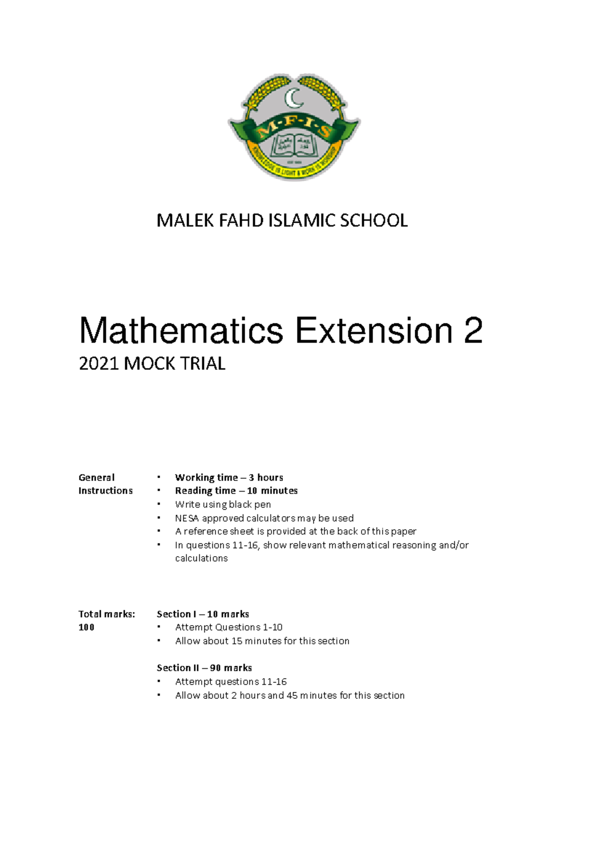 Copy of Malik Fahd Islamic 2021 Math Ext 2 Mock Trials - MALEK FAHD ...