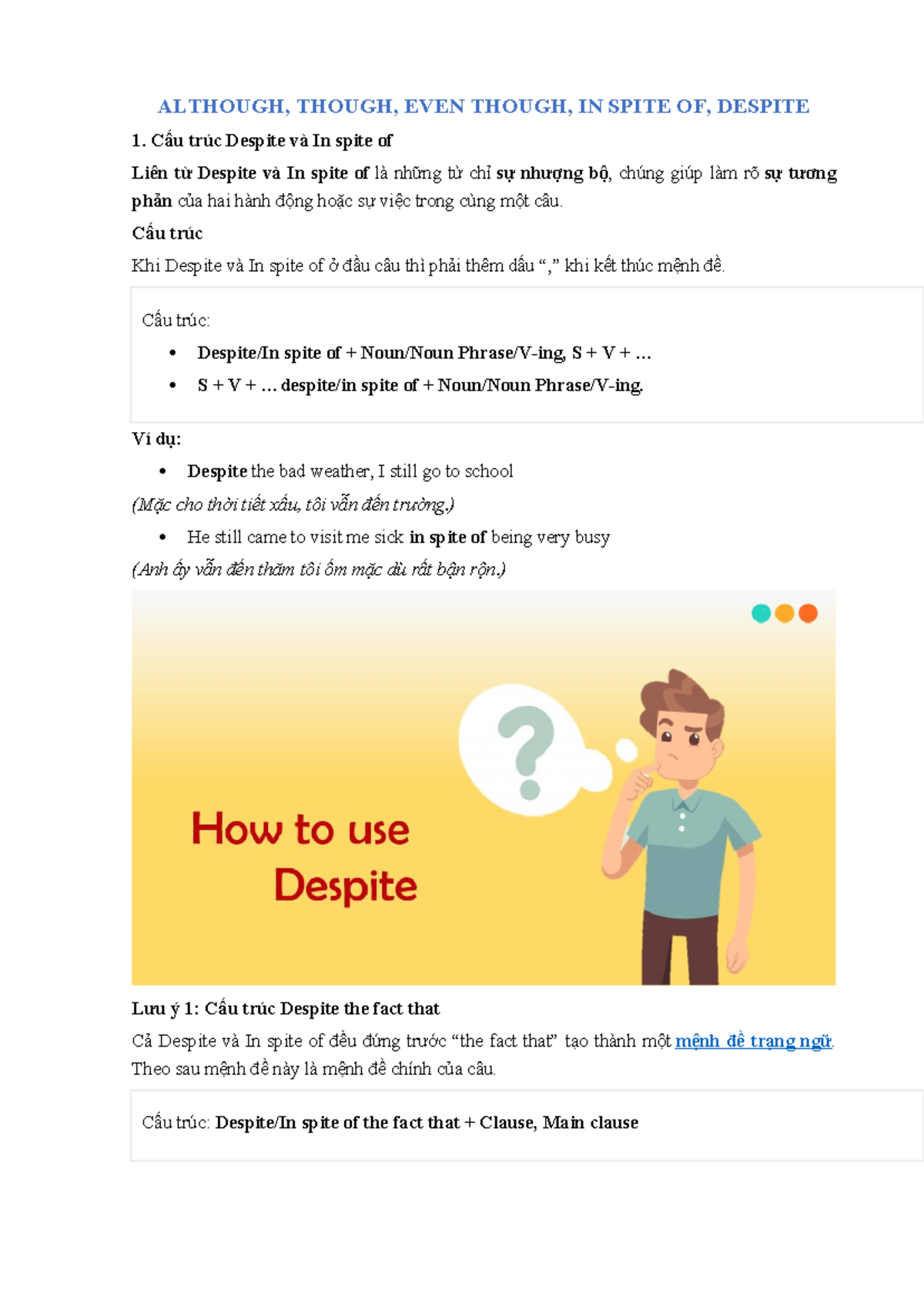 Cấu trúc câu Mặc dù - ALTHOUGH, THOUGH, EVEN THOUGH, IN SPITE OF ...