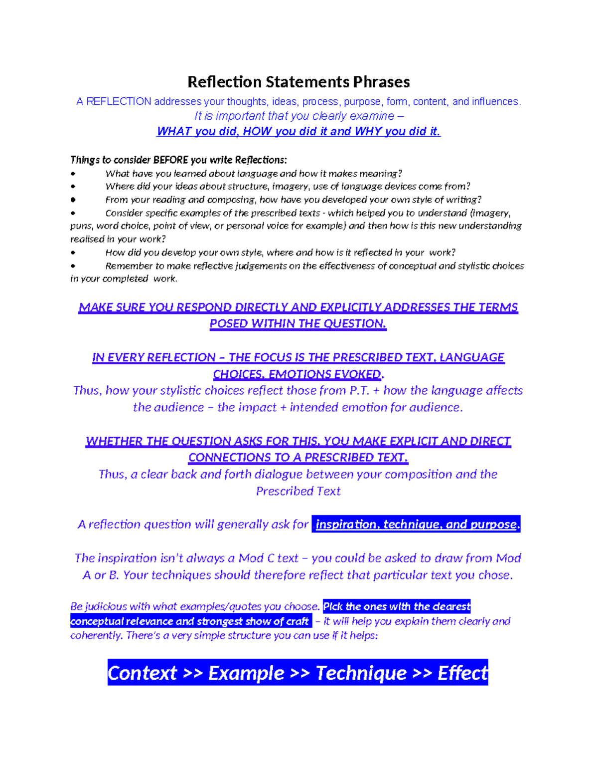 Reflection Statements & Phrases for Module C Analysis - Studocu