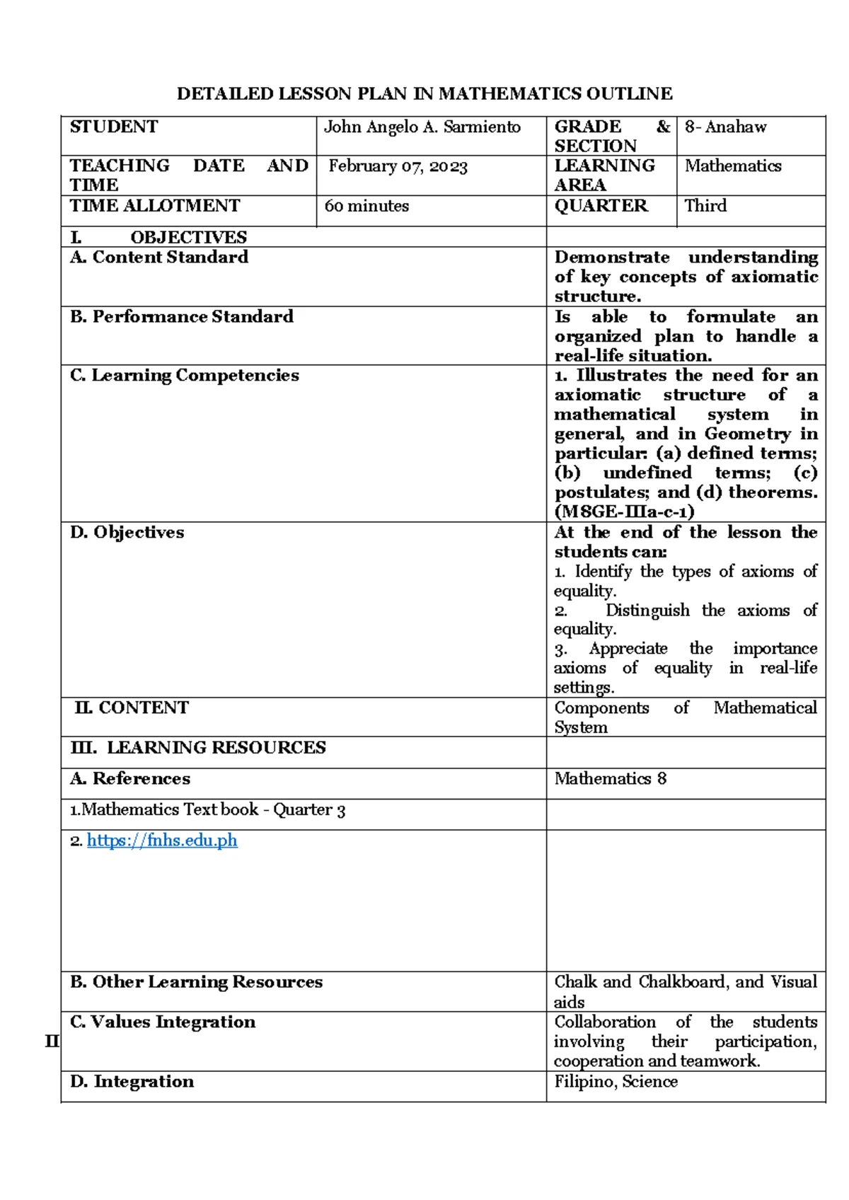 W3LC4243 - Grade 8 Math Lesson Plan on Triangle Congruence - Studocu