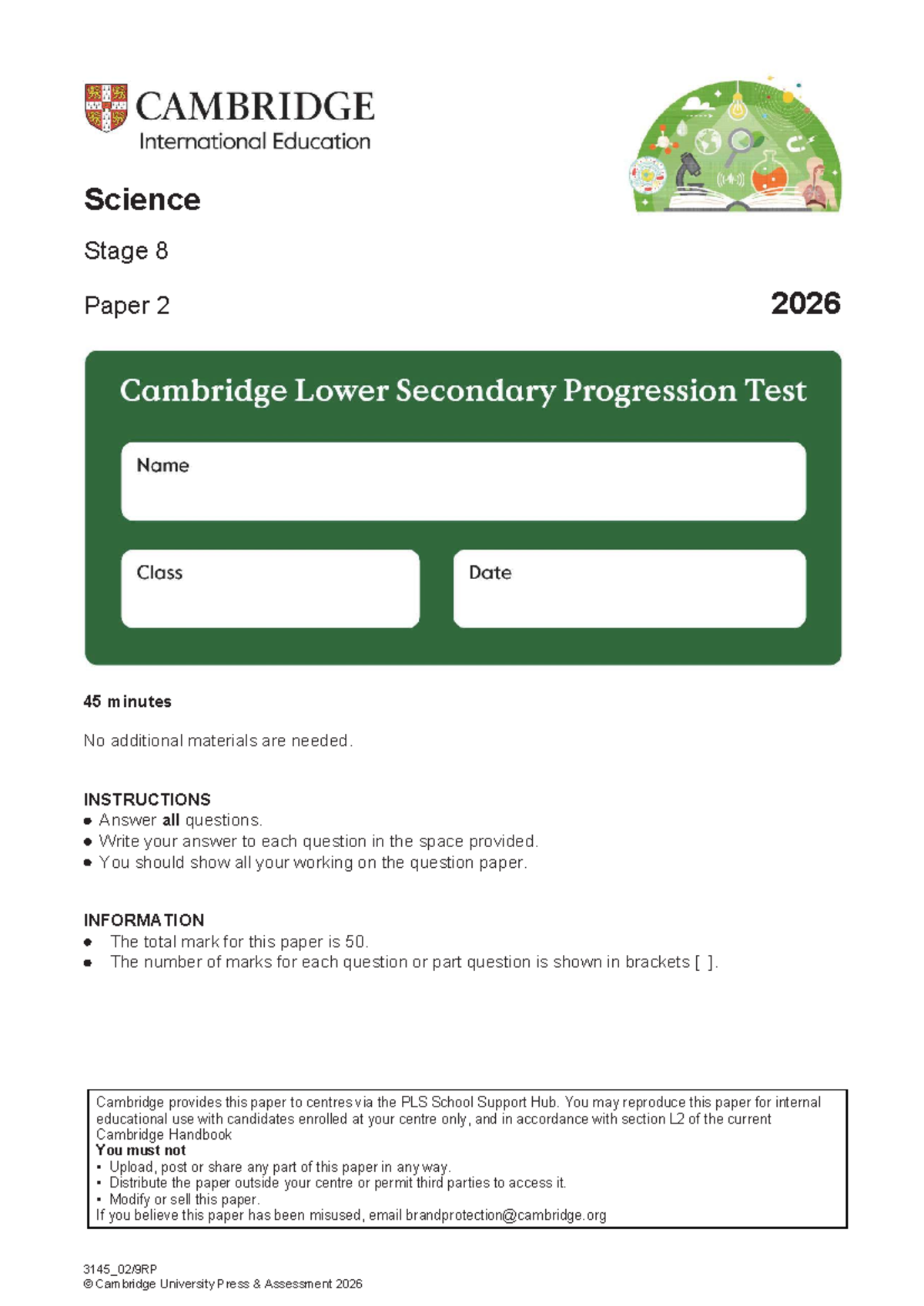 0893 Science Stage 8 Paper 2 Live Progression Test 2026 - Studocu