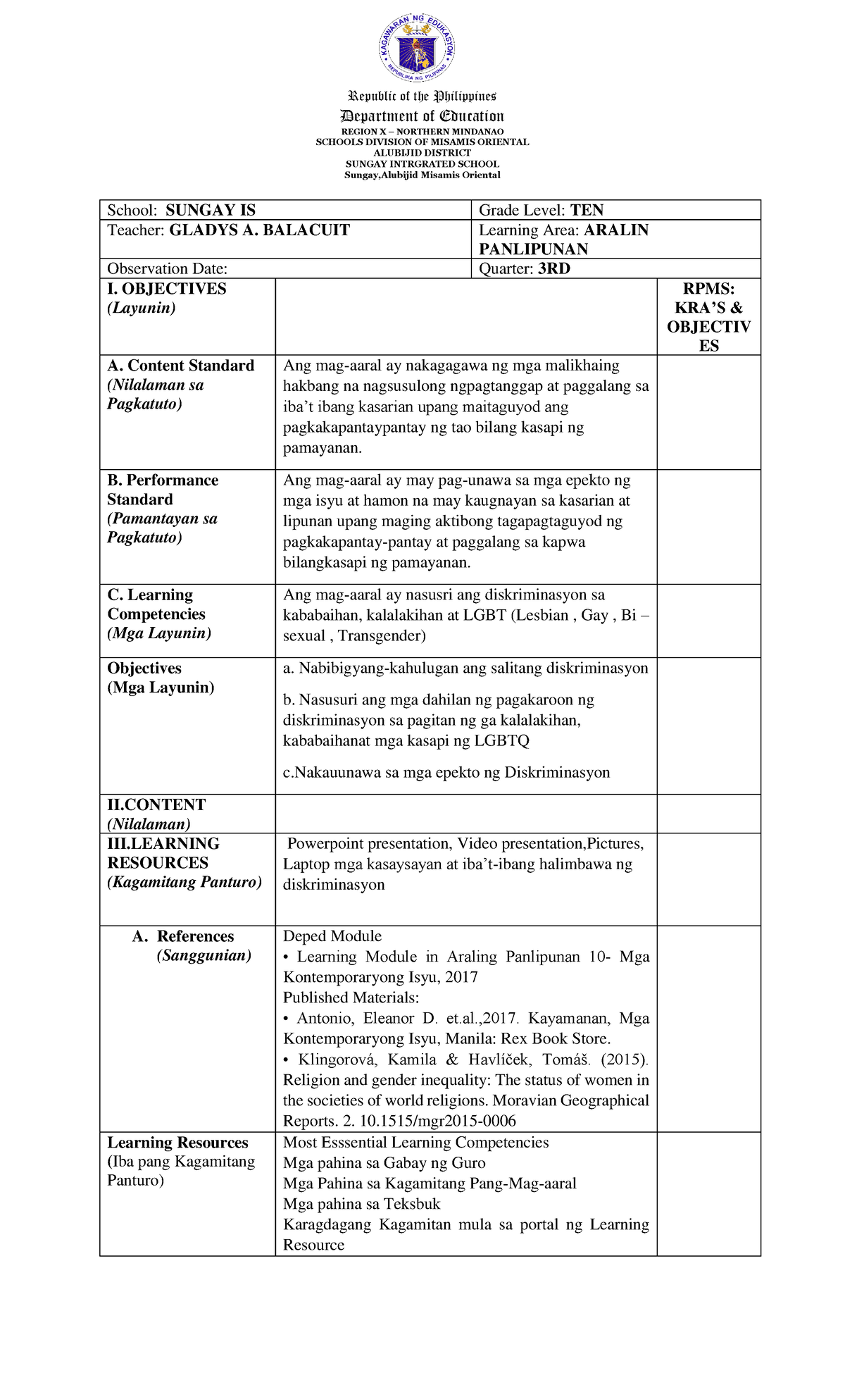 Detailed lesson plan - MONITORING TOOL - Department of Education REGION ...