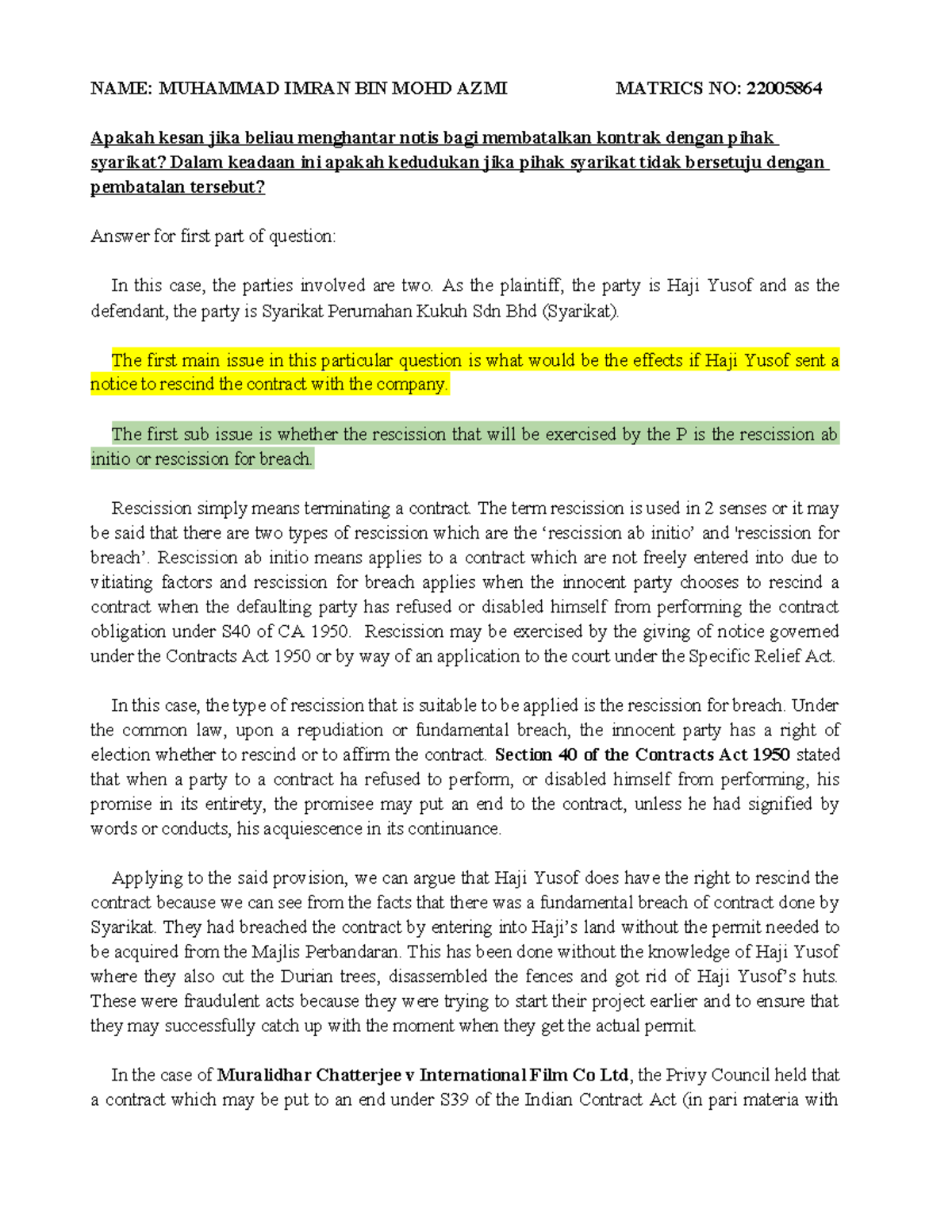 LAW OF CONTRACT 1: Effects of Rescission and Claims for Damages - Studocu