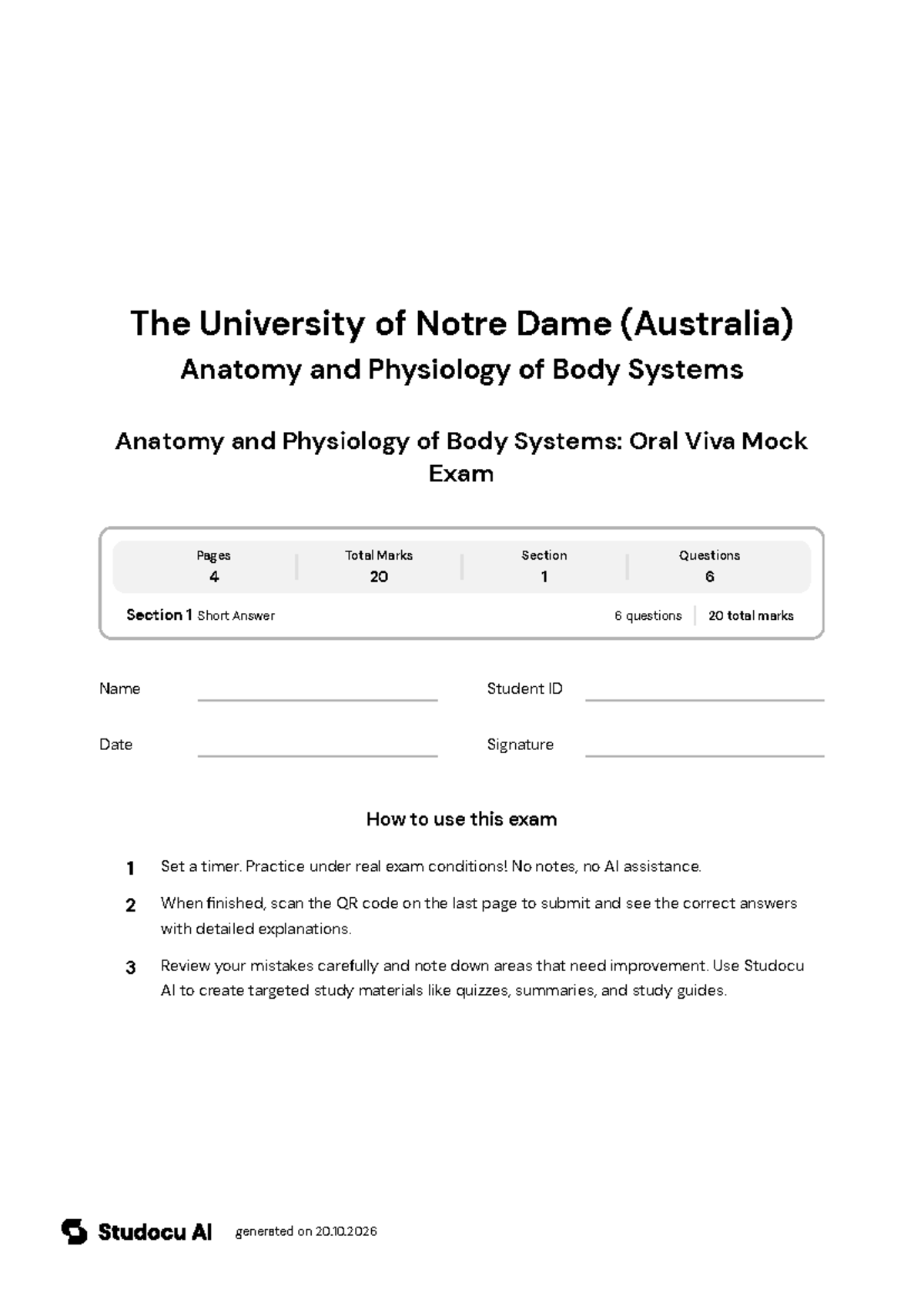 Anatomy and Physiology Oral Viva Mock Exam - Studocu