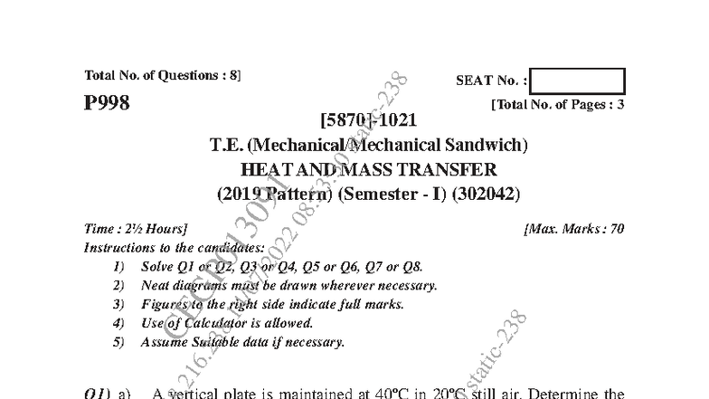 Heat and Mass Transfer Exam Paper (302042) - May Jun 2022 - Studocu