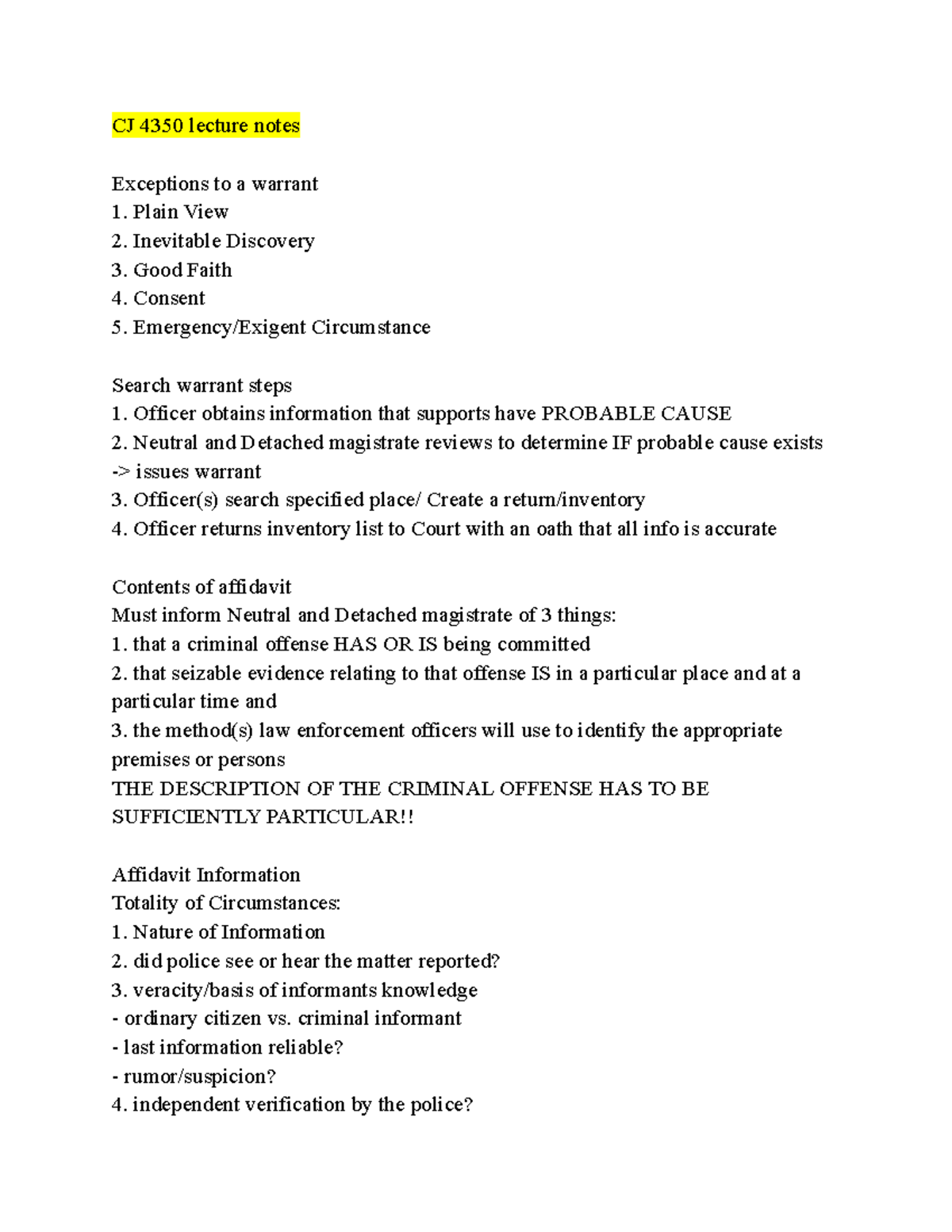 CJ 4350 Lecture Notes on Search Warrants and Legal Procedures - Studocu