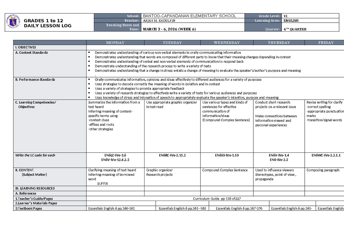 DTC DLL English 6 Q4 W6 - Daily Lesson Log and Activities - Studocu