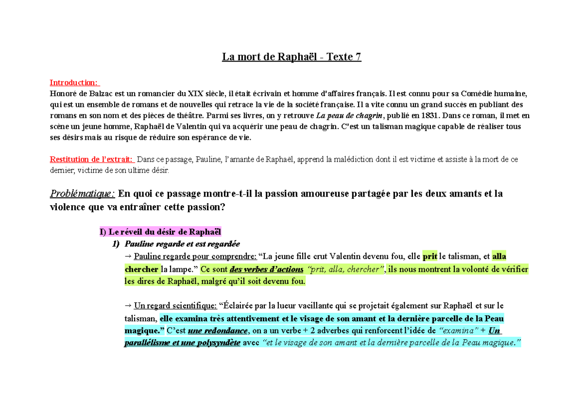 Texte 7 - Analyse de La Mort de Raphaël dans La Peau de Chagrin - Studocu