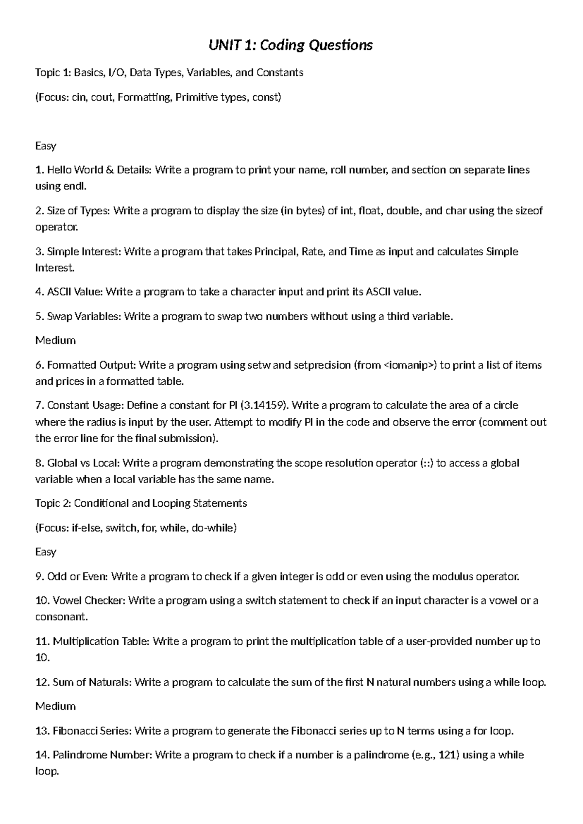 UNIT 1: Coding Questions - Basics, Data Types, and Control Structures ...