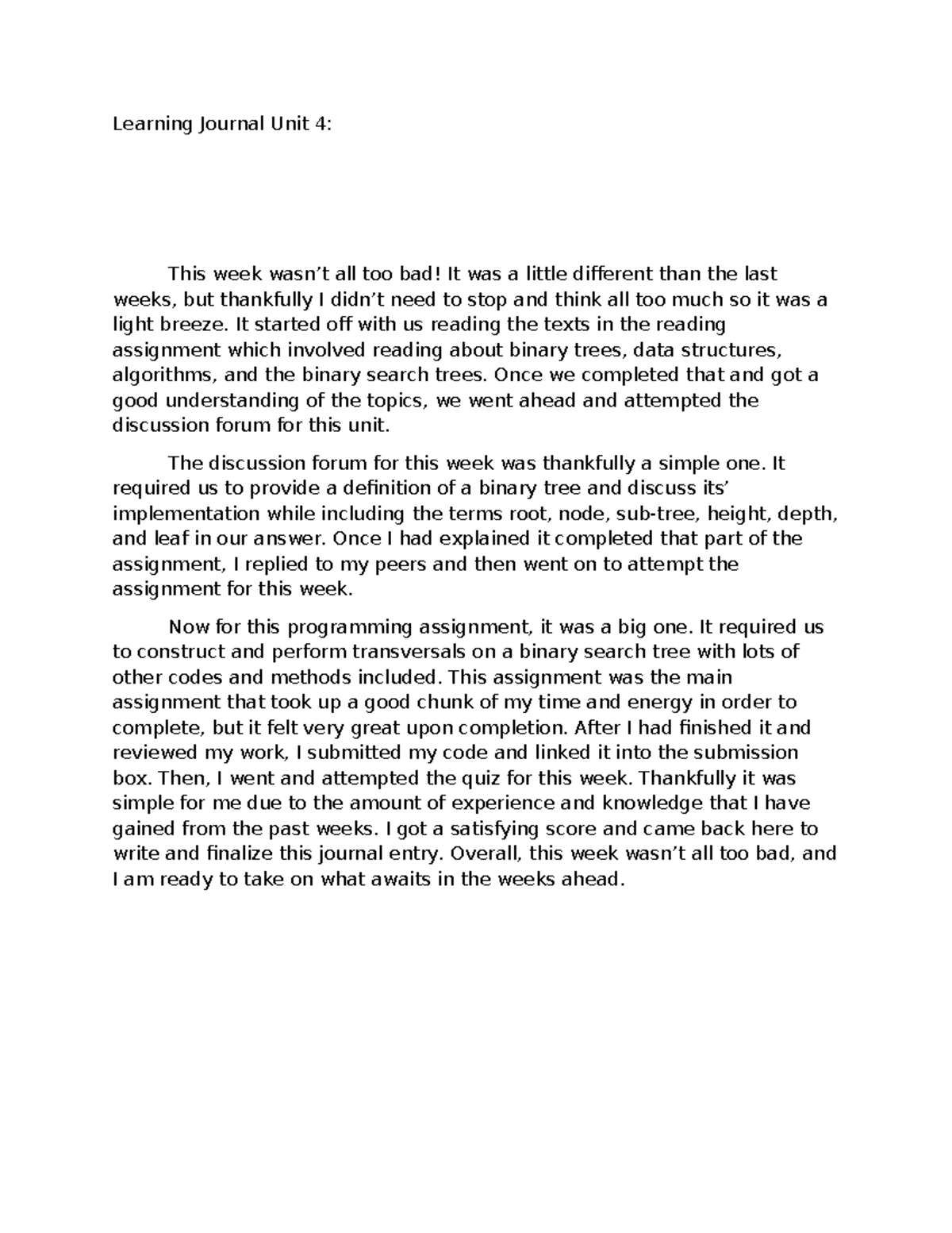 Learning Journal Unit 4 - It started off with us reading the texts in ...