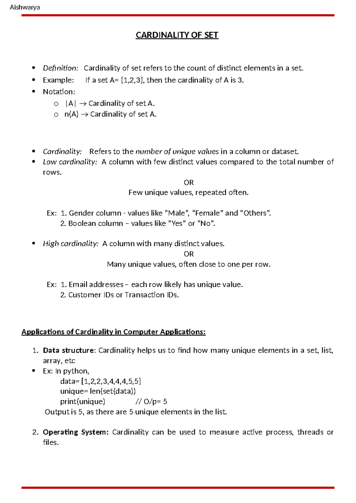Cardinality of Set: Definition, Examples, and Applications - Studocu