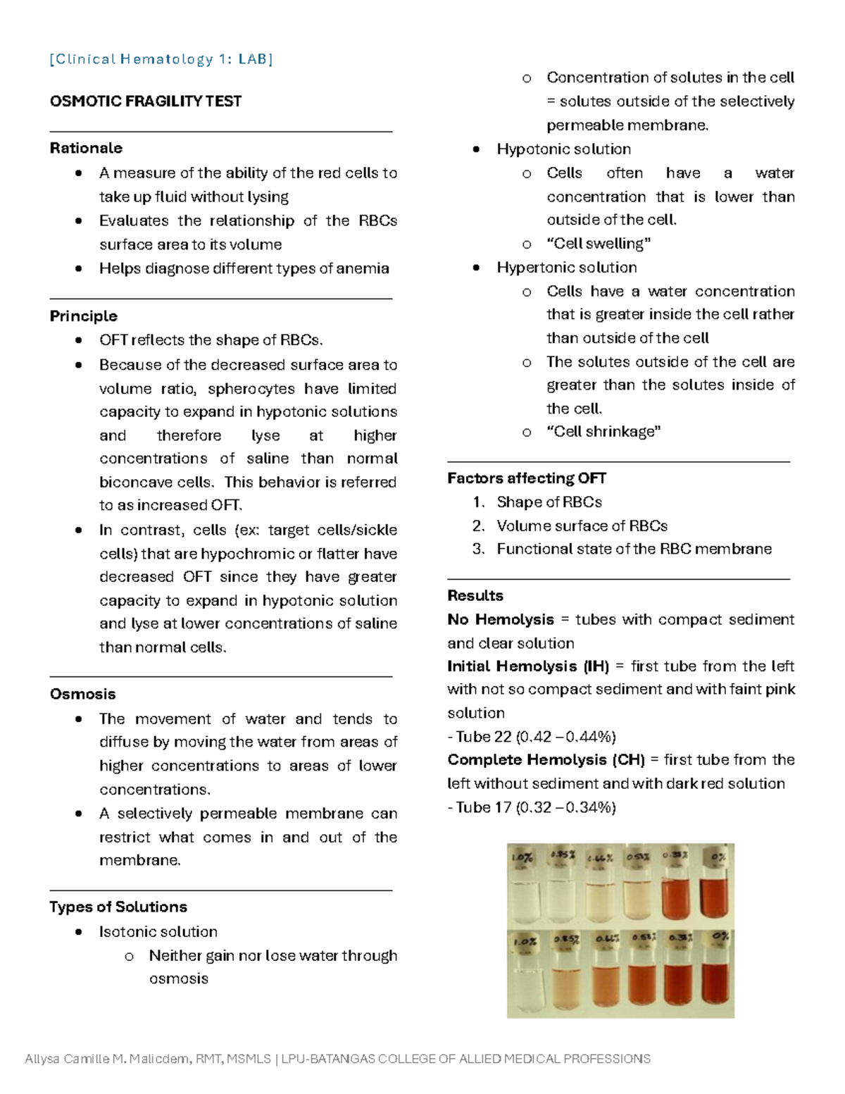 LAB: Osmotic Fragility Test (OFT) Summary for Hematology 1 - Studocu