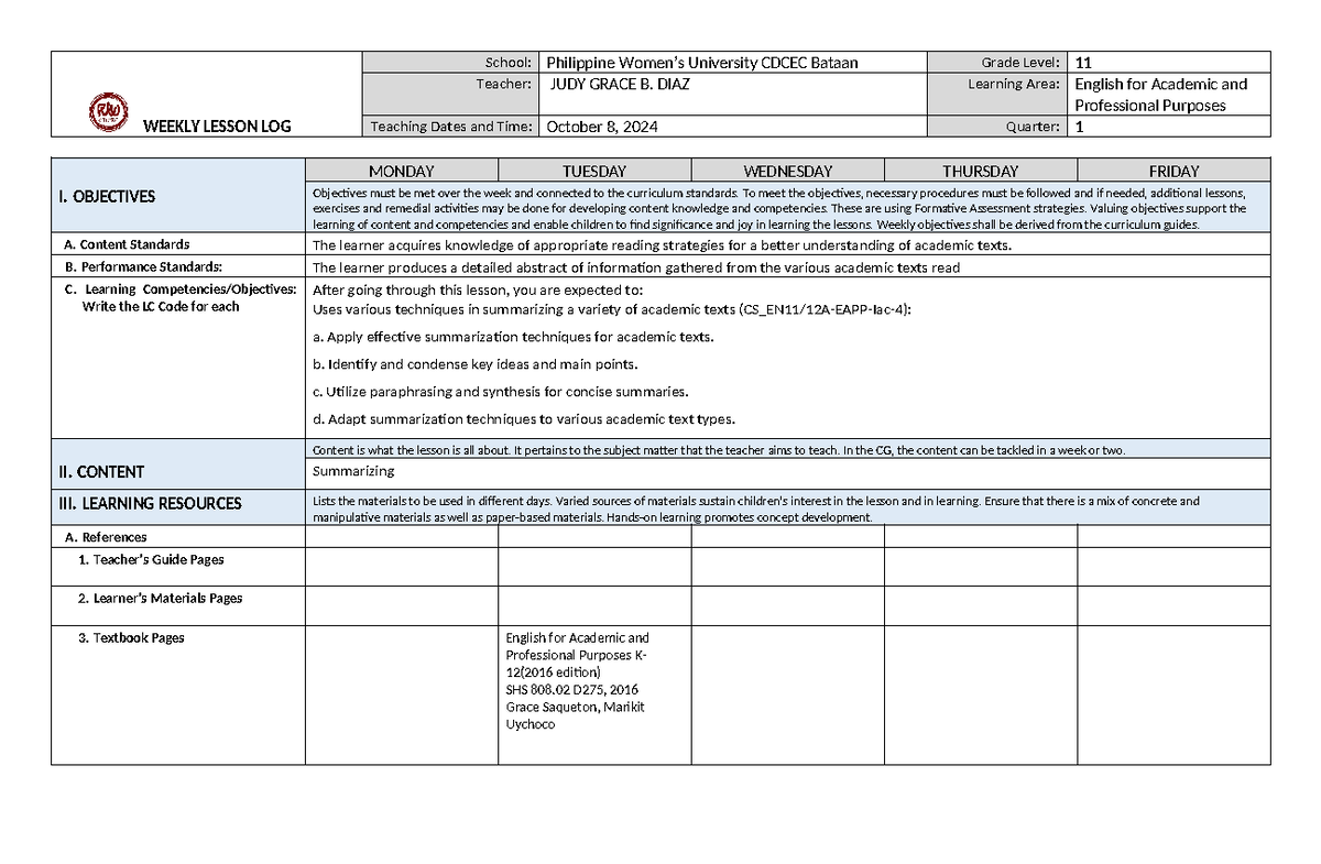 WLL-EAPP Weekly Lesson Log (Oct 8, 2024) - Summarizing Techniques - Studocu