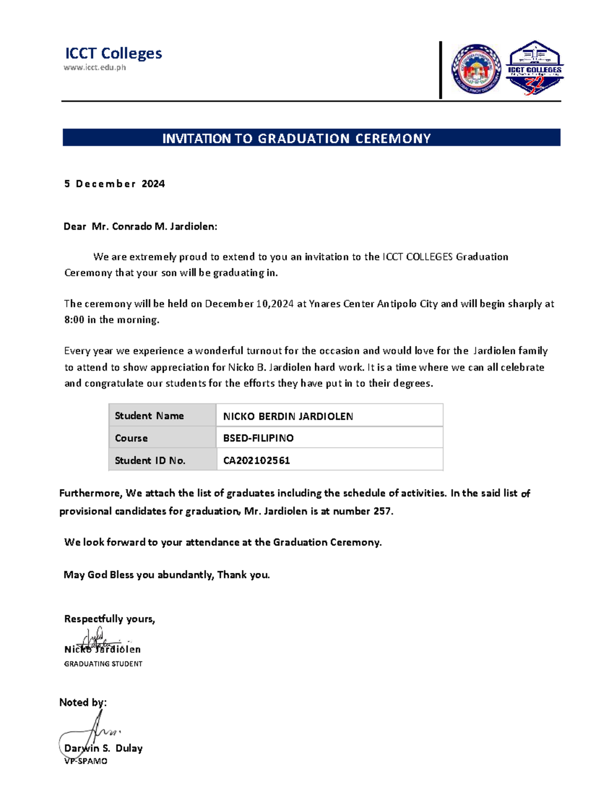 ICCT Colleges Graduation Ceremony Invitation for BSED-FILIPINO Students ...