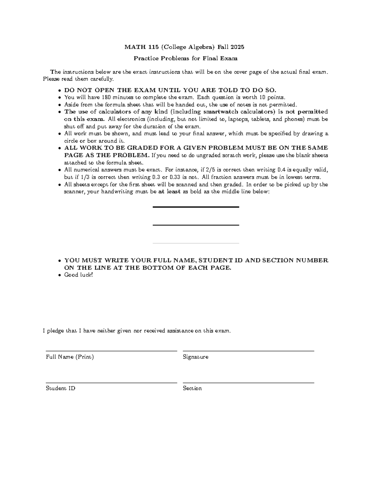 MATH 115 Final Exam Practice Problems - Fall 2025 - Studocu