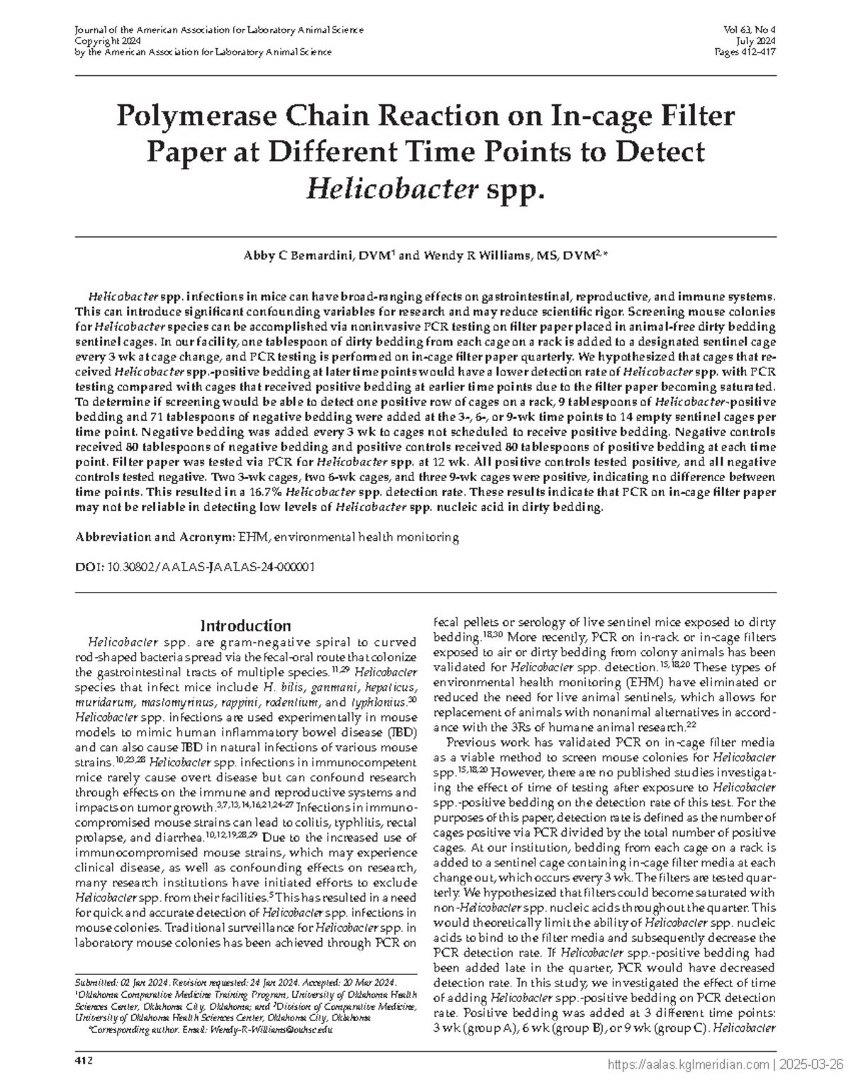 PCR Detection of Helicobacter spp. in Filter Paper: Time Point Analysis ...