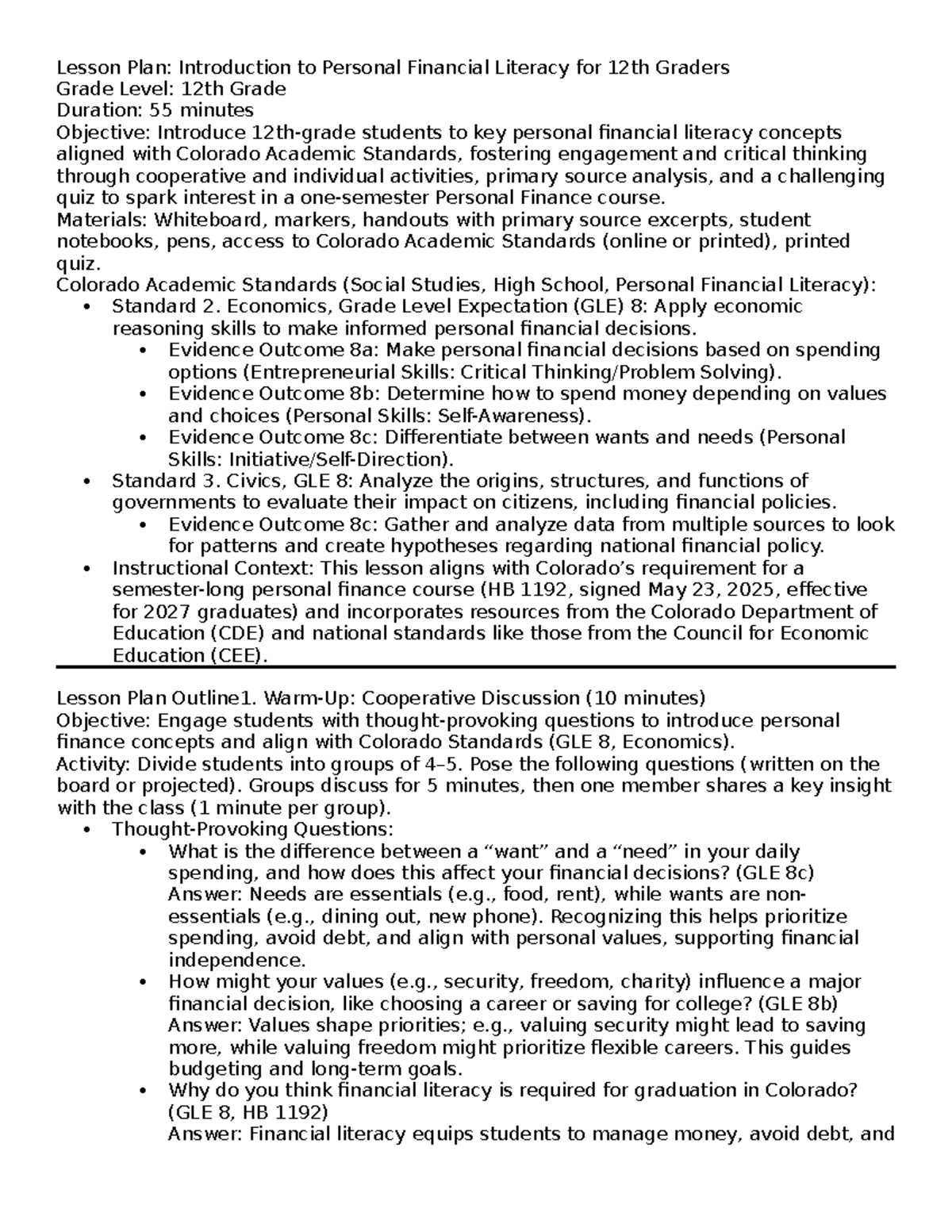 PF. Introduction to Personal Financial Literacy: Lesson Plan for 12th ...
