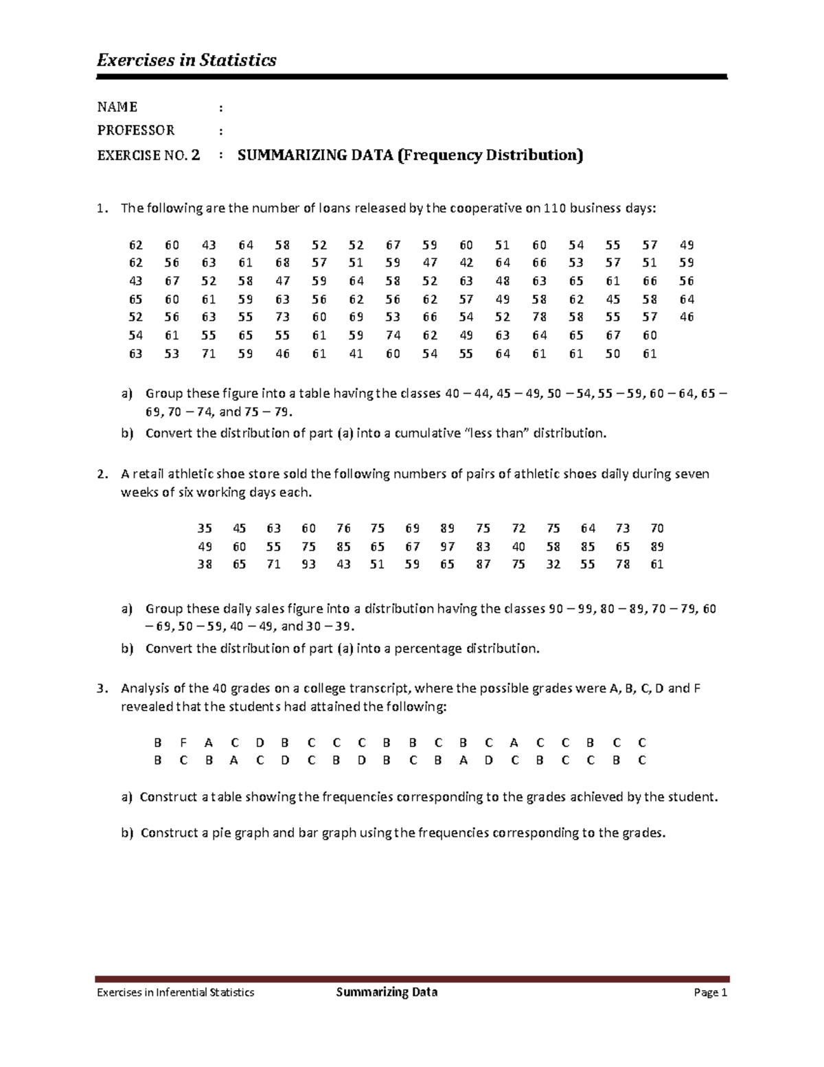 Exercises in Statistics (STAT 101) - Summarizing Data Analysis - Studocu