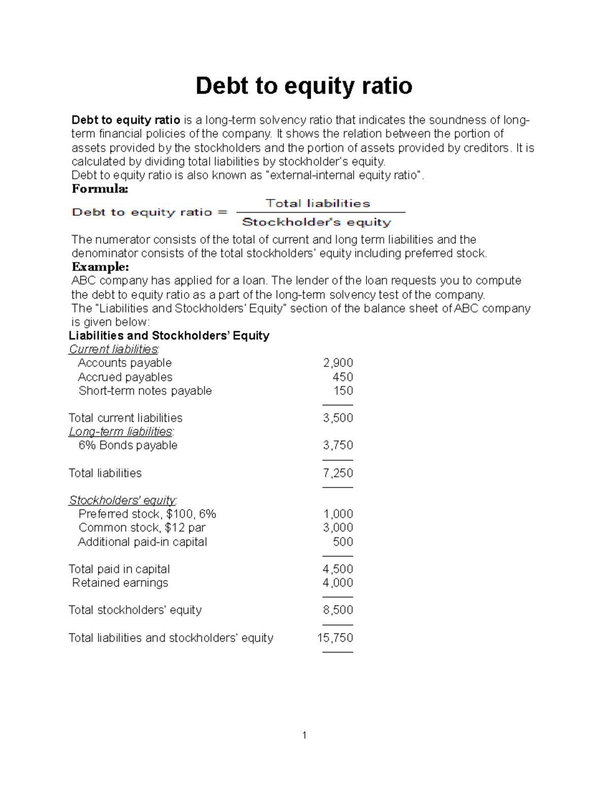 Debt to Equity Ratio: Understanding Long-Term Solvency Concepts - Studocu