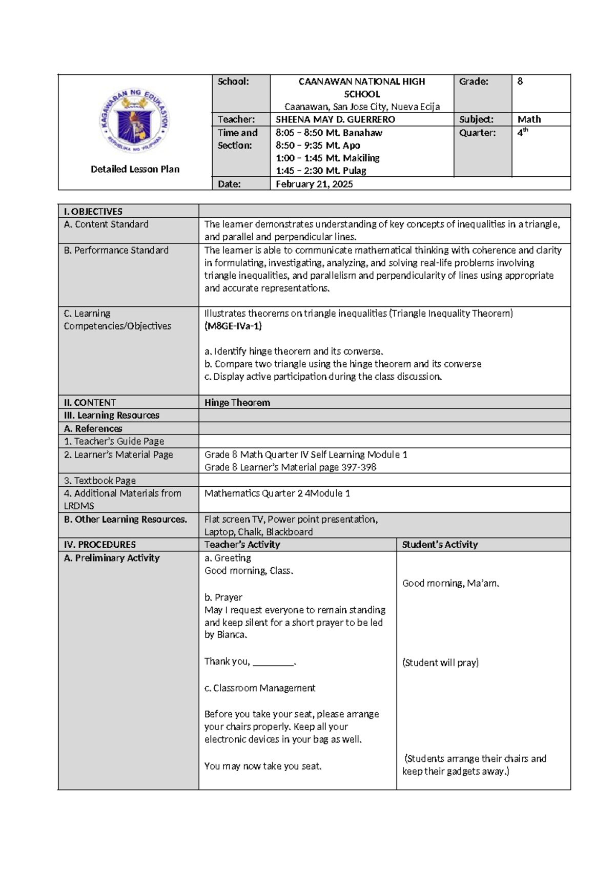 Grade 8 Math Lesson Plan: Exploring the Hinge Theorem (M8GE-IVa-1 ...