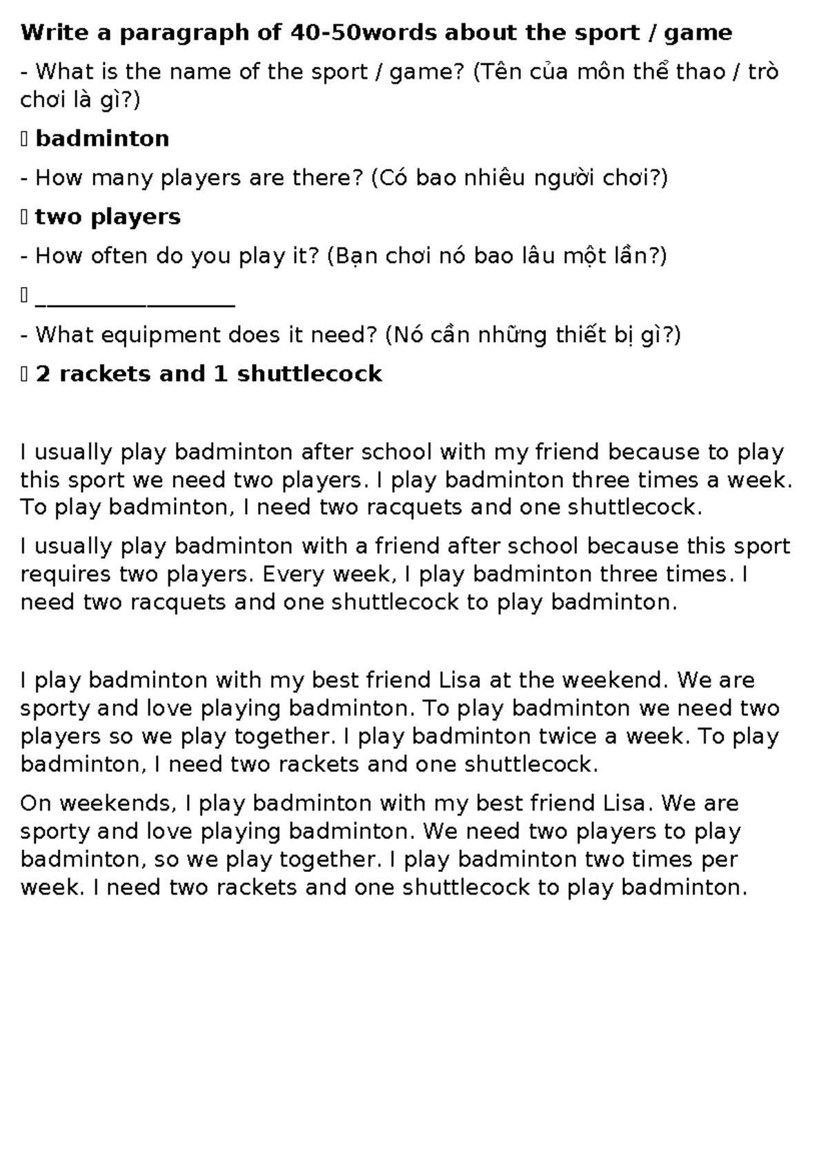 Writing About Badminton: A Sport for Two Players - Studocu
