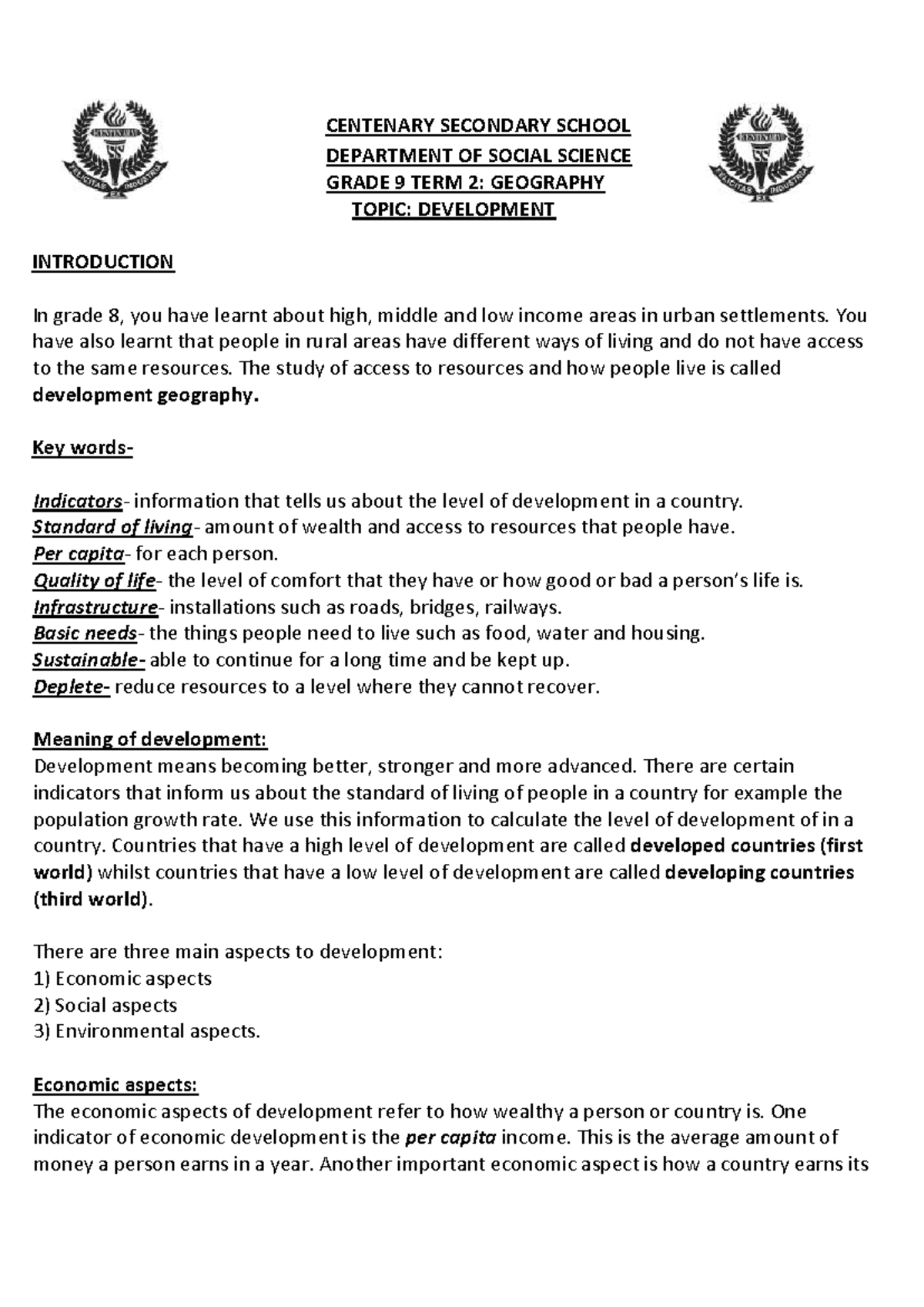 GR 9 SS Development week ending 14 Aug - CENTENARY SECONDARY SCHOOL ...