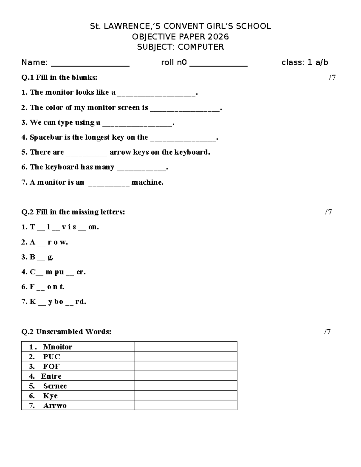 Class 1 Computer Objective Paper 2026 - Fill in the Blanks & More - Studocu