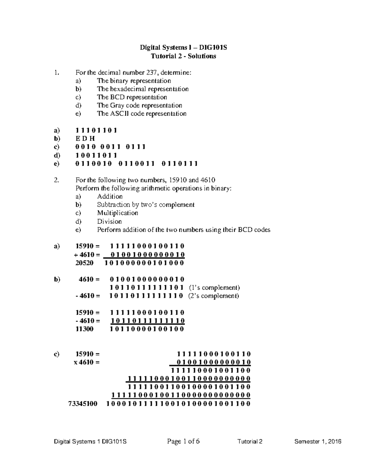 DIG101S Tutorial 2 Solutions Overview - Digital Systems 1 - Studocu