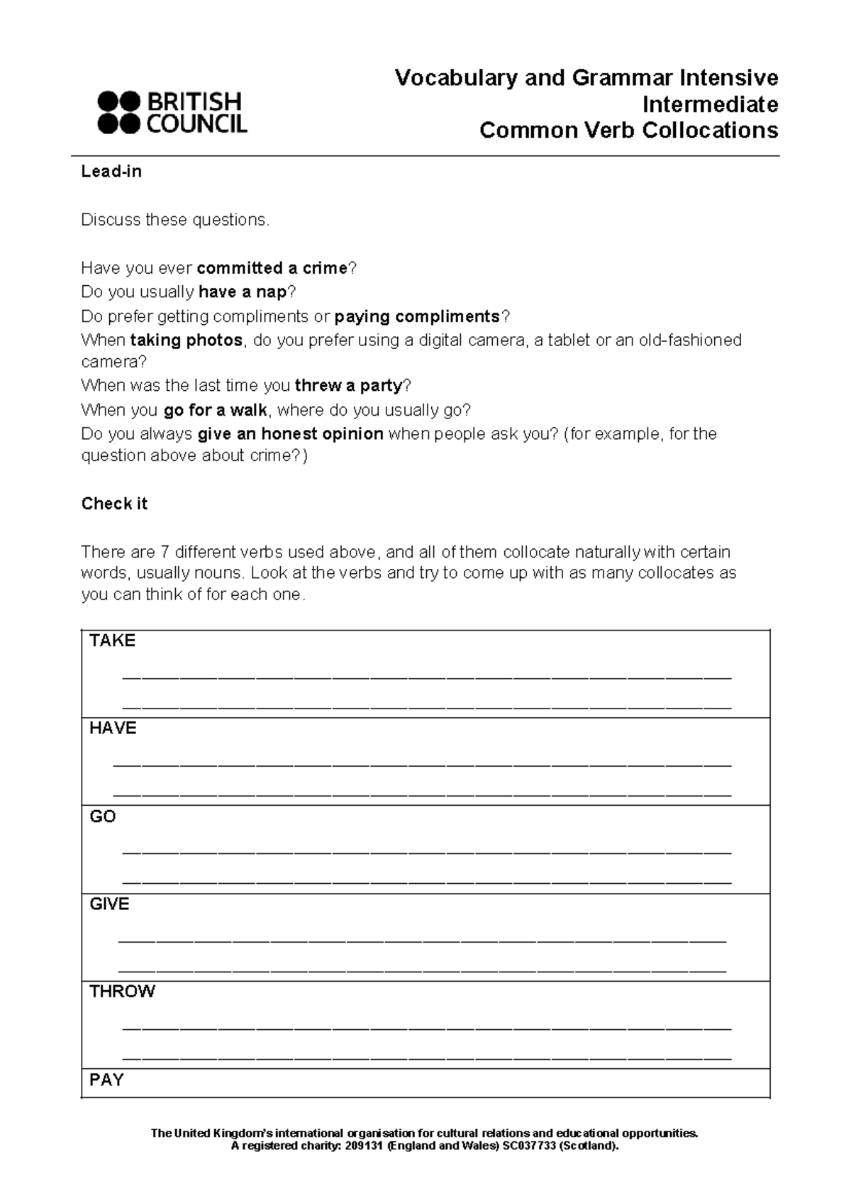 Common Verb Collocations: Vocabulary & Grammar Intensive Intermediate ...