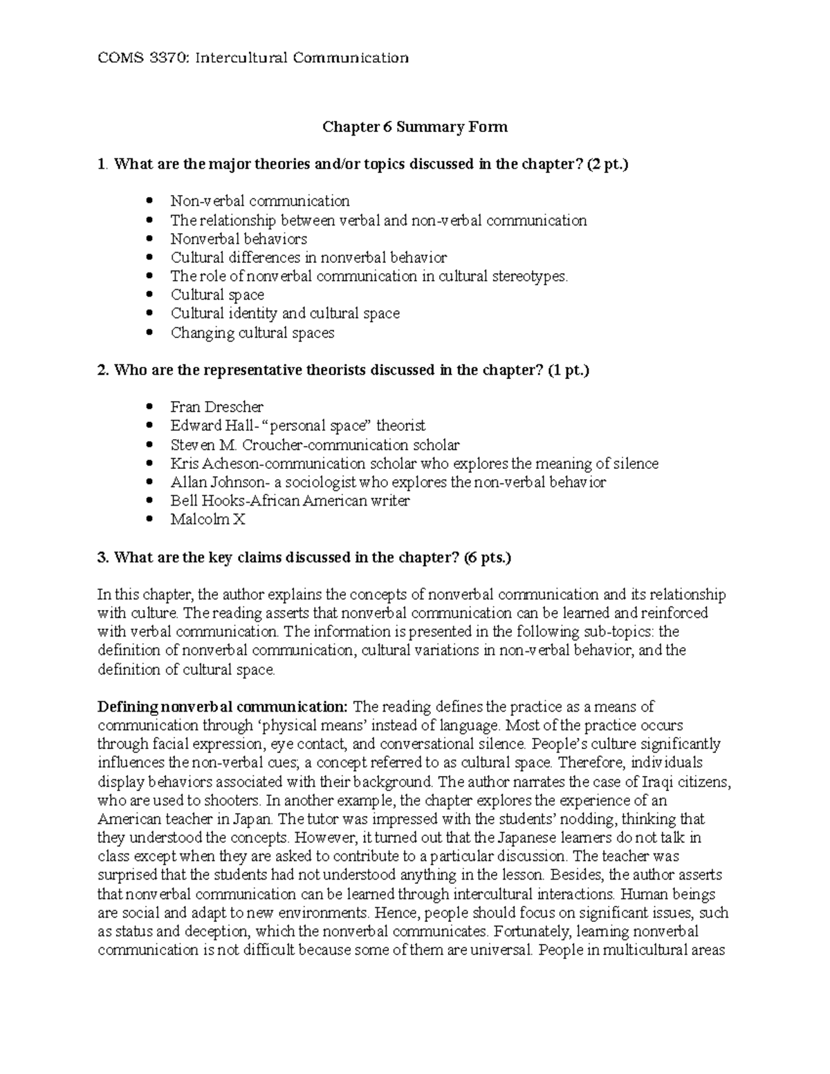 Chapter 6 - Nonverbal Communication Insights - COMS3370 Summary Form ...