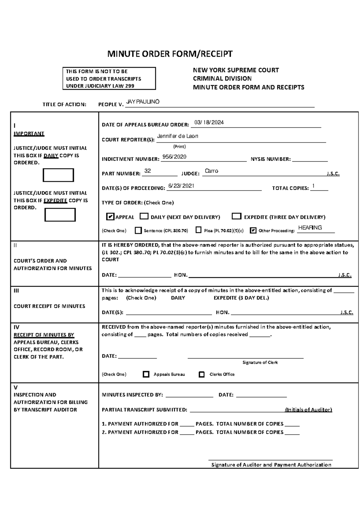 Jay Paulino Appeal - NY Supreme Court Minute Order Form - Studocu