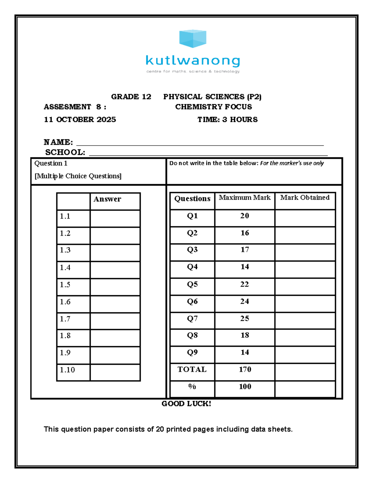 Promaths Grade 12 Physical Sciences Assessment 8 (P2) - Chemistry Focus ...