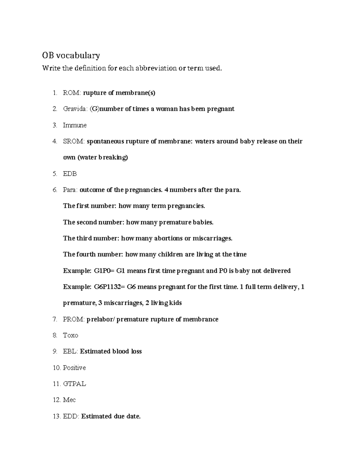 NURS 3573 OB Vocabulary: Definitions of Key Terms and Abbreviations ...