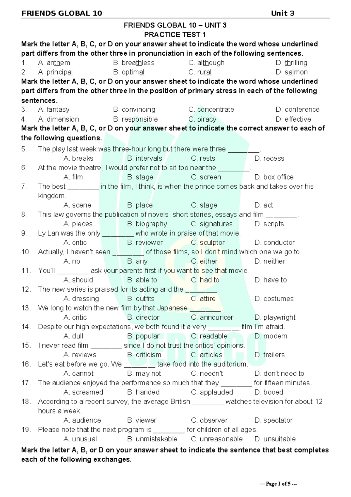Tieng Anh 10 FRIENDS GLOBAL - Unit 3 Practice Test 1 - Studocu