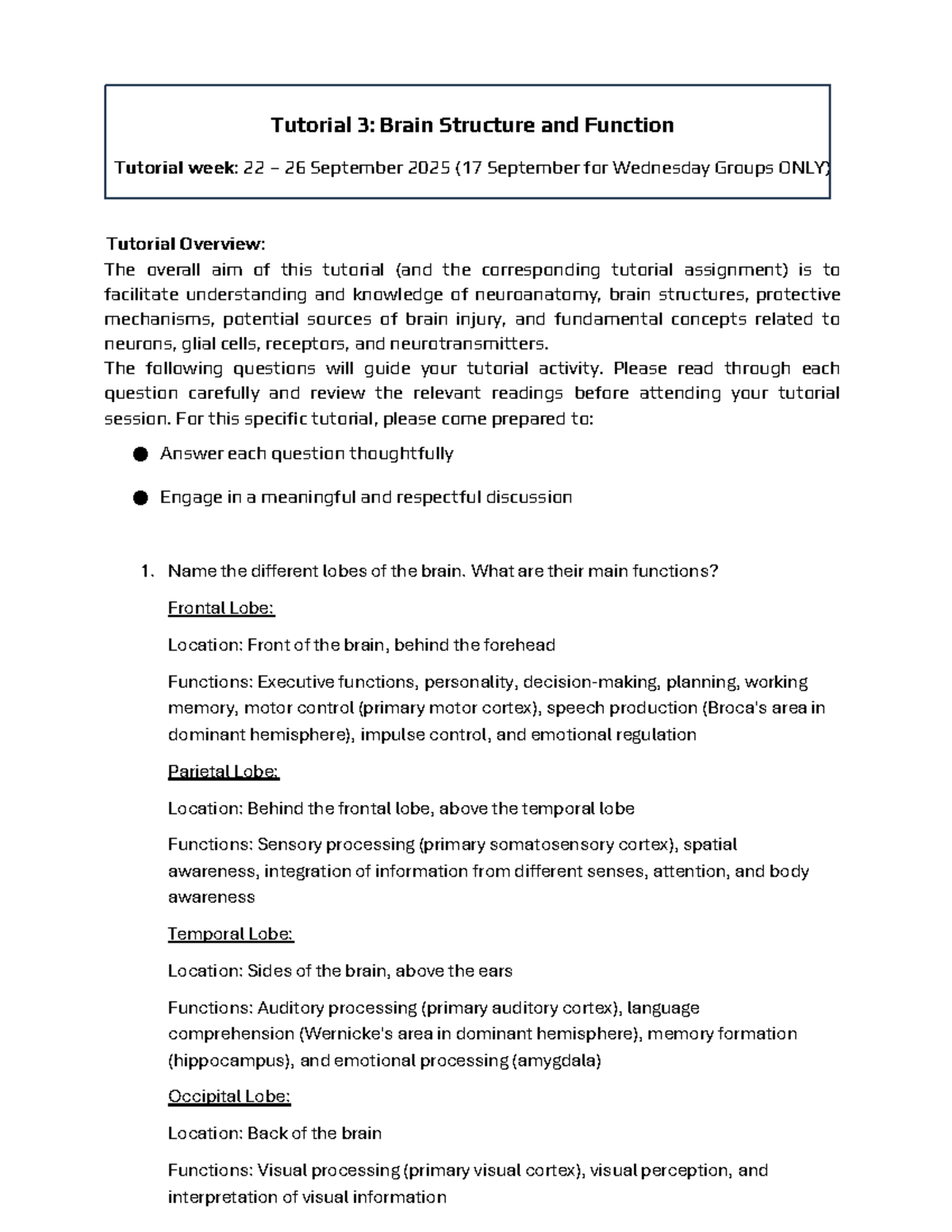 PSY2014 S Tutorial 3: Brain Structure & Function Discussion Questions ...