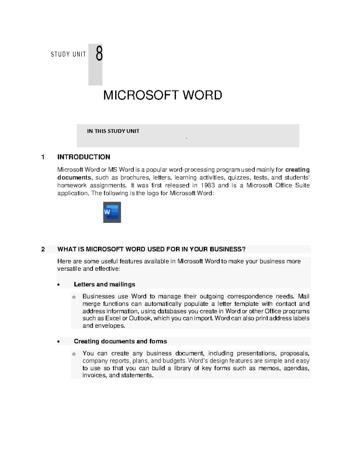 AIN1501 Study Unit 8 - S T U D Y U N I T 8 MICROSOFT WORD IN THIS STUDY ...