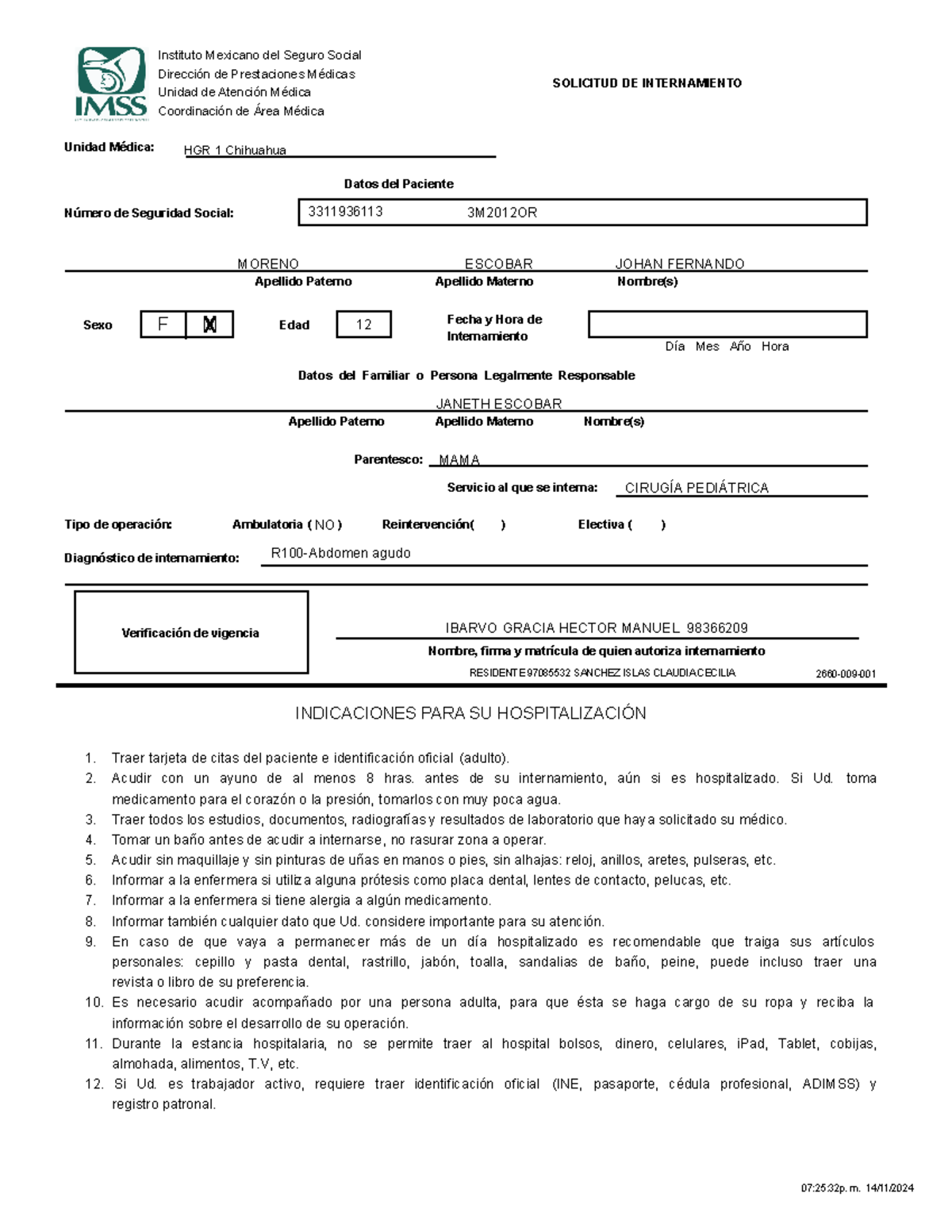 Indicaciones para Internamiento Hospitalario - HGR 1 Chihuahua - Document Preview