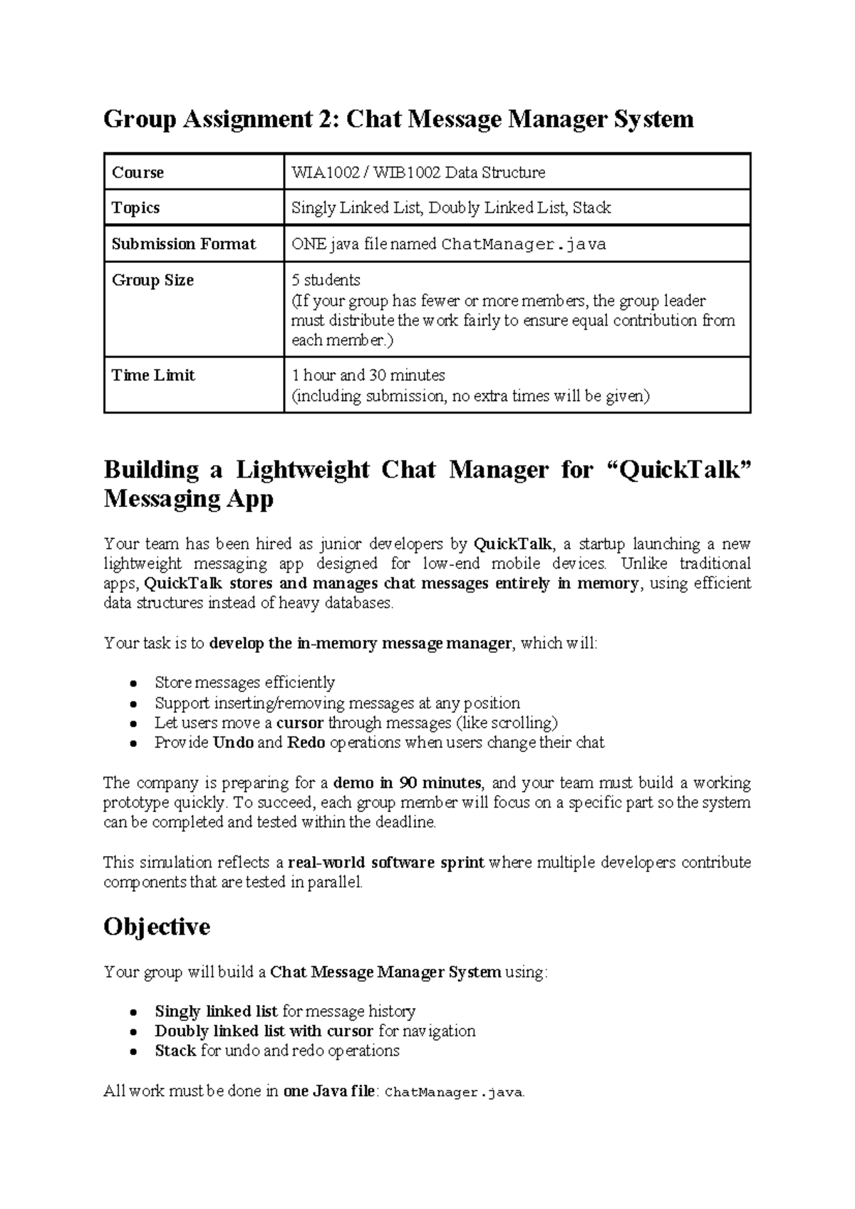Group Assignment 2: Chat Message Manager System (WIA1002 WIB1002) - Studocu