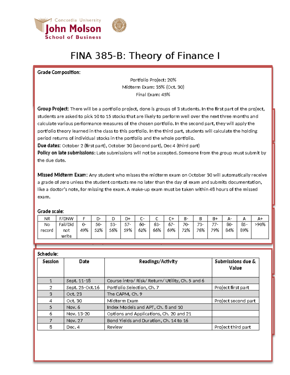FINA 385-B: Theory of Finance I Course Outline - Fall 2023 - Studocu