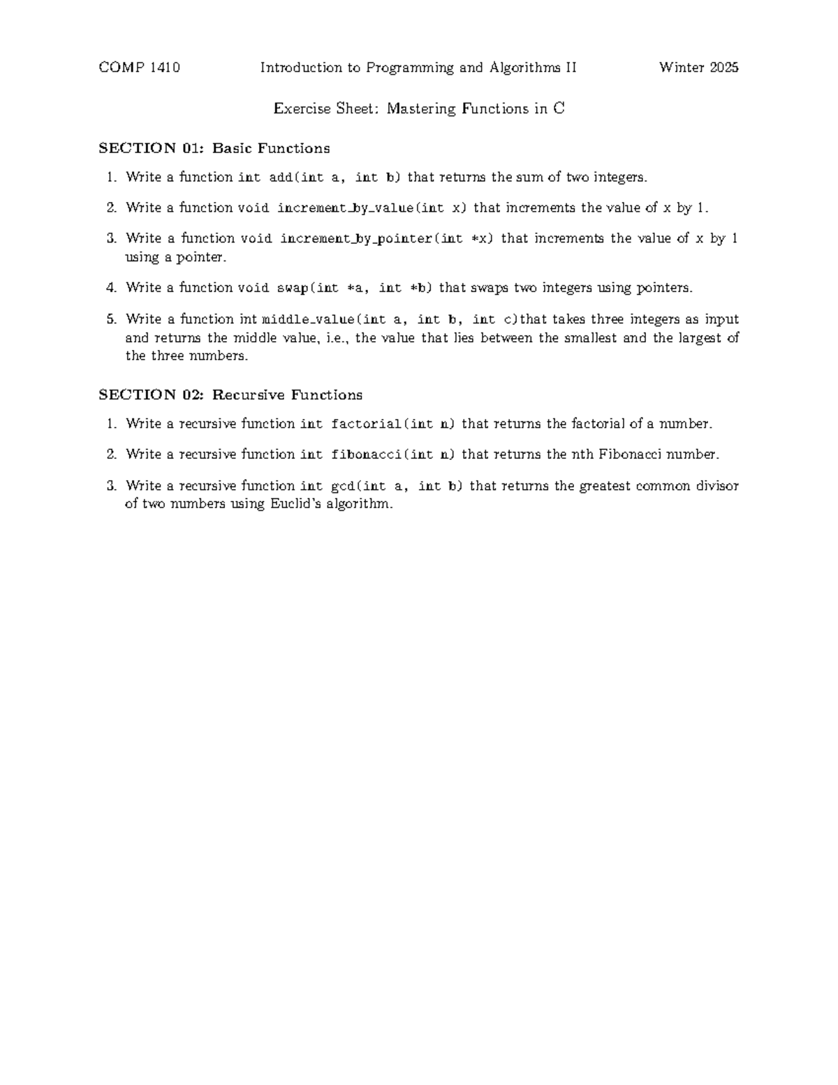 COMP 1410 Worksheet 1 - Mastering Functions & Recursion in C - Studocu