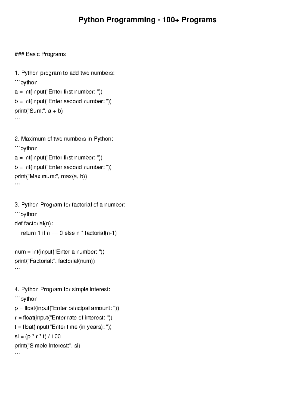Python Programming: 100+ Complete Programs and Examples - Studocu