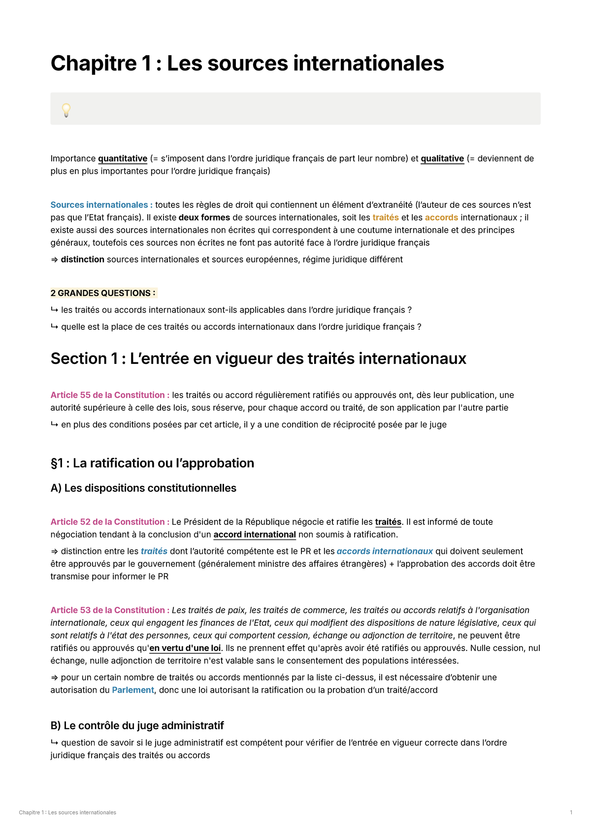 Chapitre 1 : Les sources internationales en droit français - Studocu