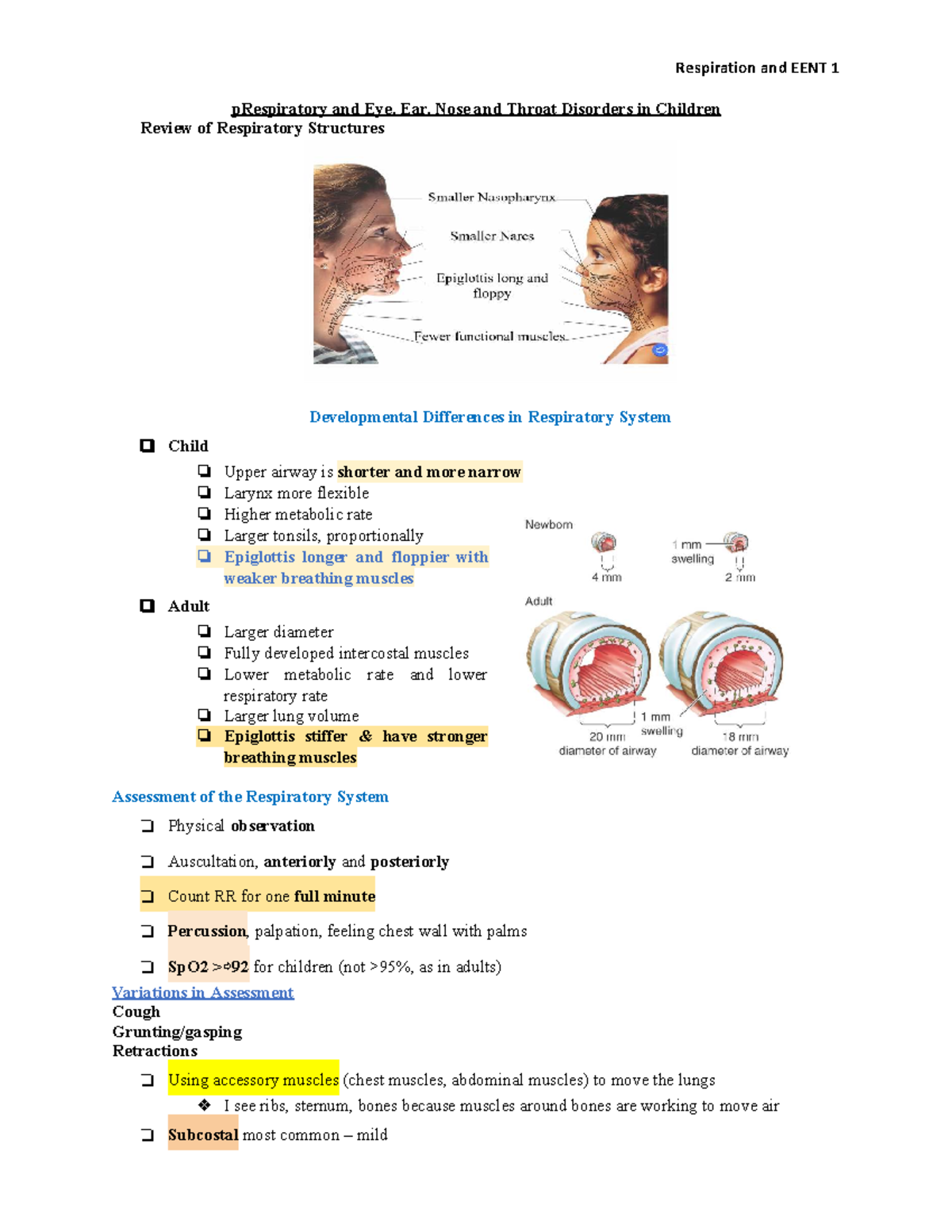 Respiration and EENT 1: Upper Respiratory System in Children - Studocu