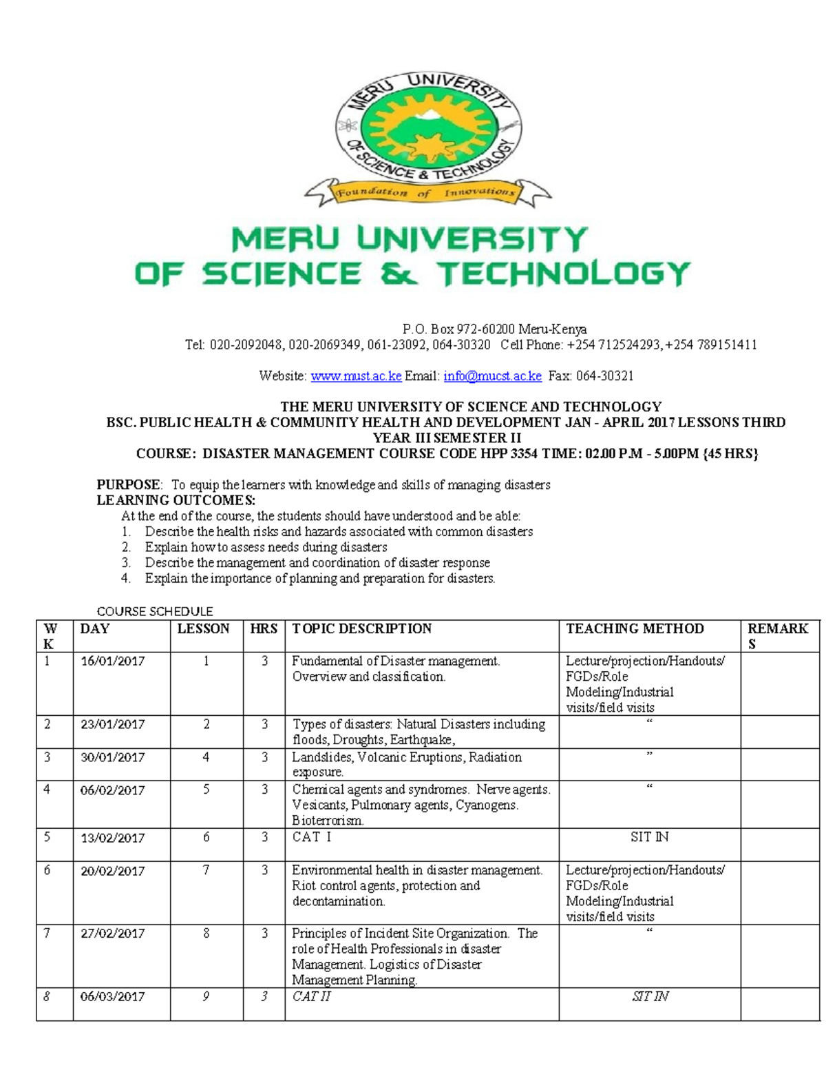 HPP 3354 Disaster mnx outline - P. Box 972-60200 Meru-Kenya Tel: 020 ...