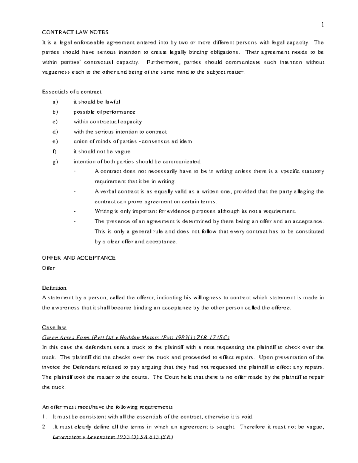 CONTRACT LAW NOTES (CL101): Key Principles and Case Studies - Studocu
