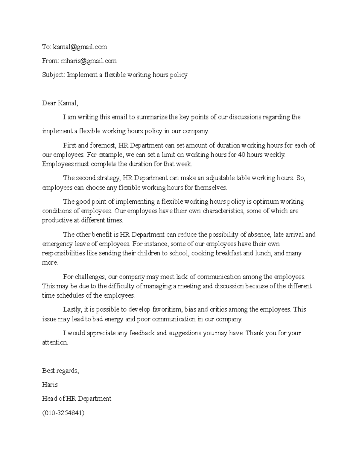 Email Summary: Flexible Working Hours Policy Implementation LCC - Studocu