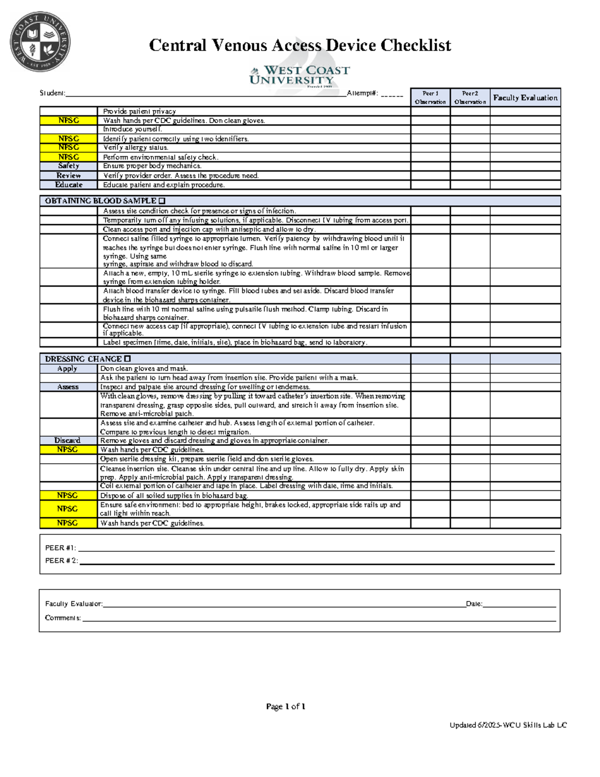 CVAD Checklist for NPSG: Blood Sample & Dressing Change Procedures ...