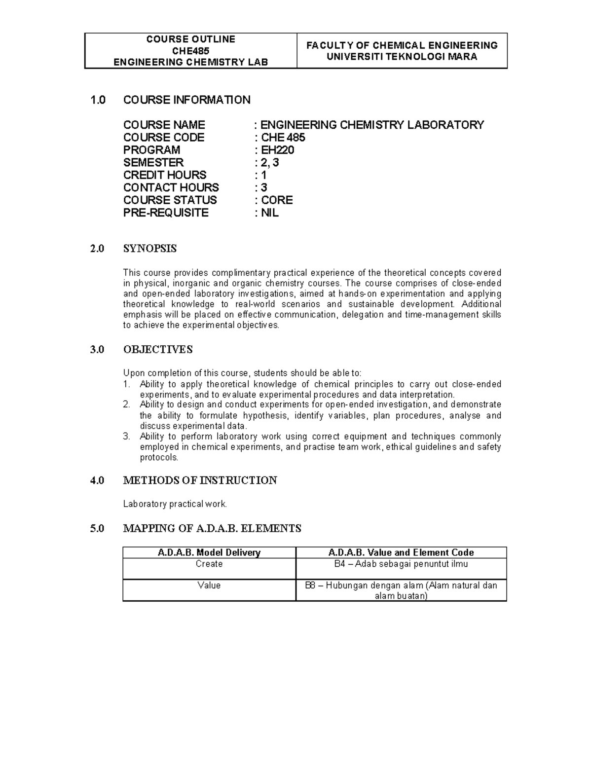 Lesson Plan for CHE485 Engineering Chemistry Lab 20262 - Studocu